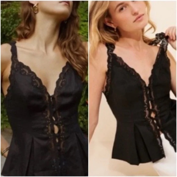 CAMILA COELHO Black Linen Lace Blouse XS - Picture 1 of 7